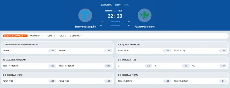 Jonli rejimda basketbol o'yiniga pul tikish