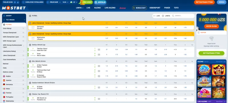 MostBet bukmekerlik veb-saytidagi futbolga pul tikish bo'limi