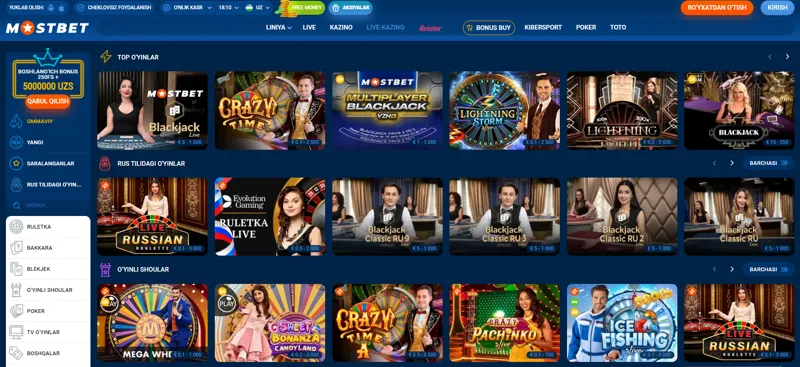 MostBet onlayn kazinosida turli xil jonli dilerlik o'yinlari