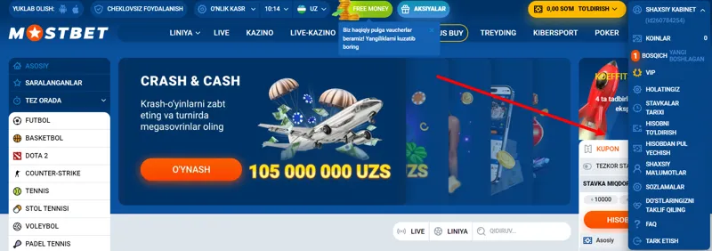 MostBet veb-sayt menyusi orqali mablag'larni yechib olish