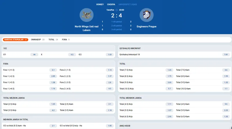 Jonli rejimda pul tikish uchun xokkey o'yiniga misol